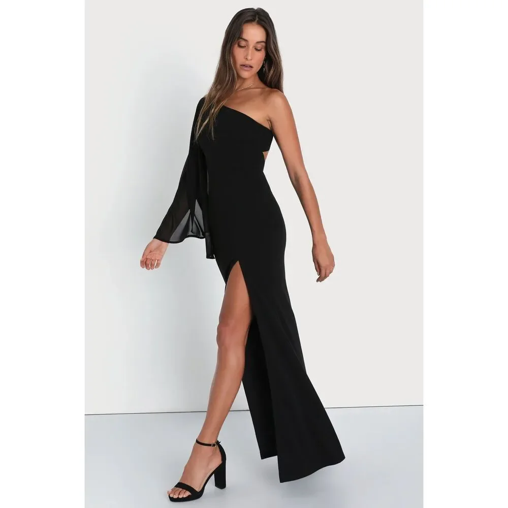 Lulus Majestic Attitude Black Cape Sleeve One-Shoulder Maxi Dress Size L NWT - Picture 3 of 9
